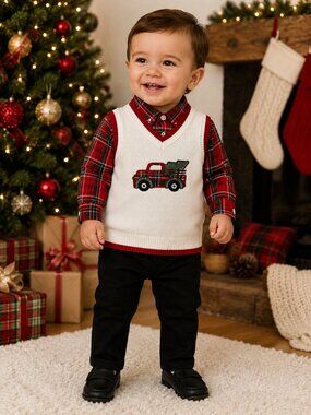 NWT Baby Essentials 3-Piece Baby Boy Christmas Outfit Plaid Truck